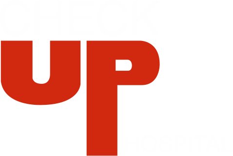 Logo com versão nas cores branca e vermelha, sem fundo, do Check Up Hospital